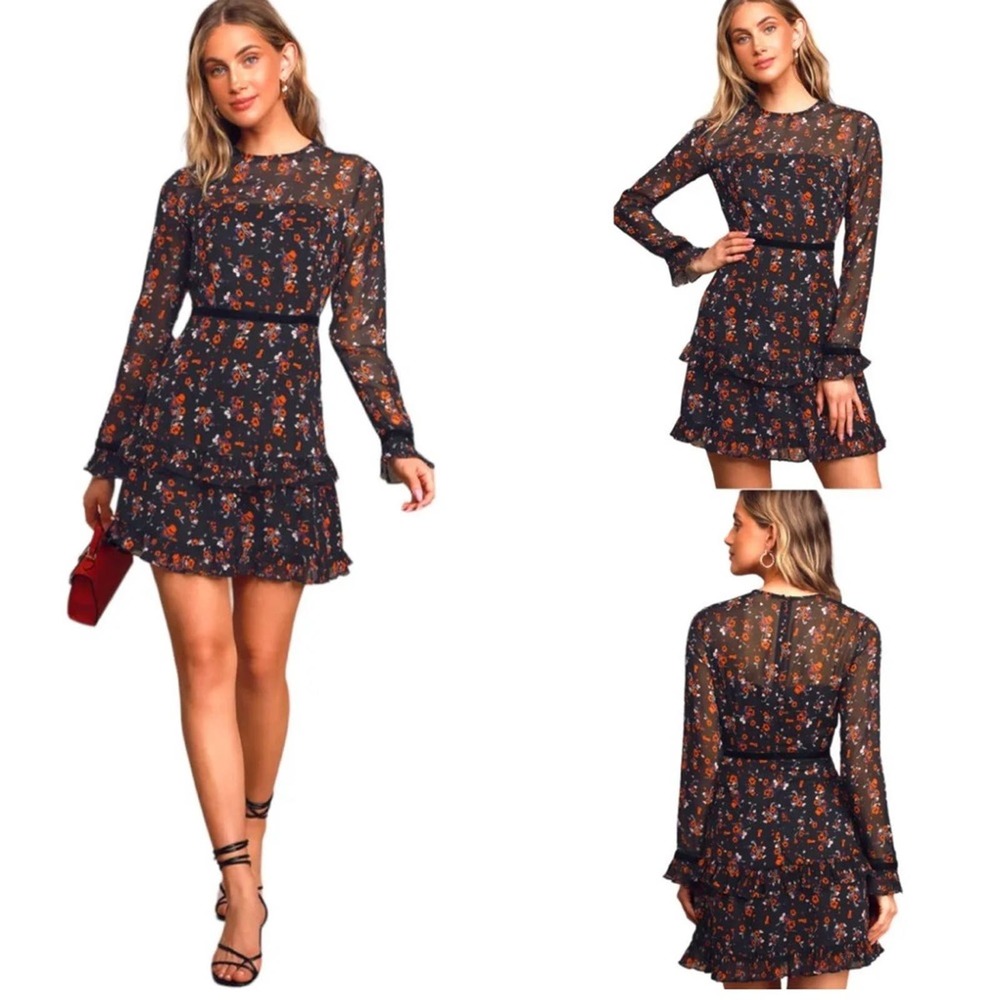 Lulu’s Floral to See Black Ruffled Long Sleeved Chiffon Dress Size Large